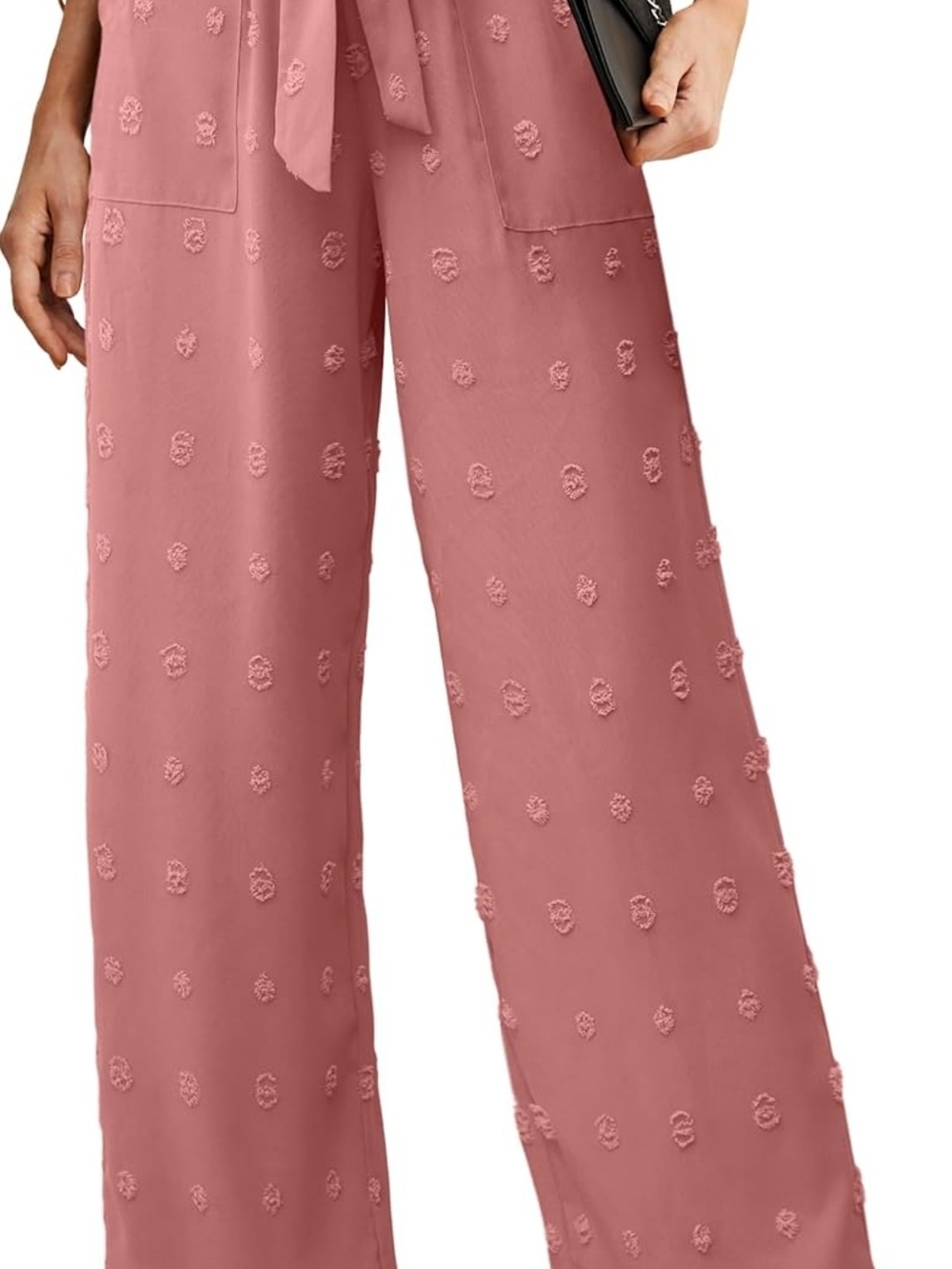 Wide-Leg Textured Tie-Waist Jumpsuit Pants - Dusty Rose